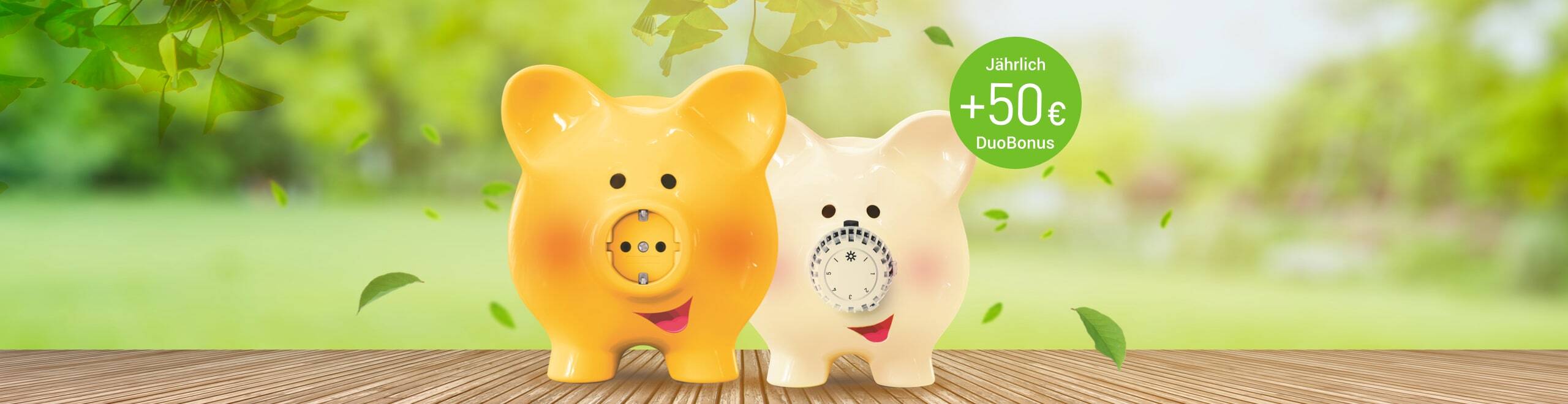 Zwei Schweinchen-Icons, die für Strom und Gas stehen
