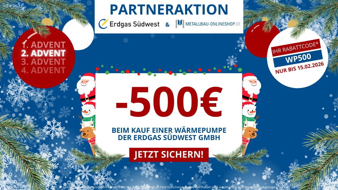 Werbebanner der Adventsaktion von Erdgas Südwest & Metallbau-Onlineshop mit Tannenzweigen, Schneeflocken und Weihnachtsmotiven. Angebot: 500 € Rabatt beim Kauf einer Wärmepumpe von Erdgas Südwest, Rabattcode WP500 gültig bis bis 15.02.2026