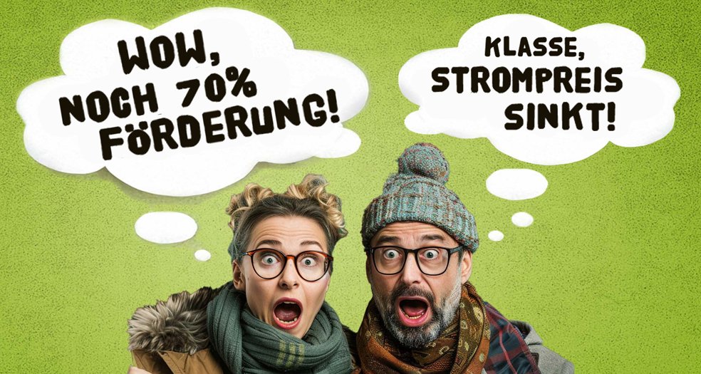 Zwei Personen mit erschrockenen Gesichtsausdruck, die sich über die neue Heizungsförderung und den sinkenden Strompreis freuen.