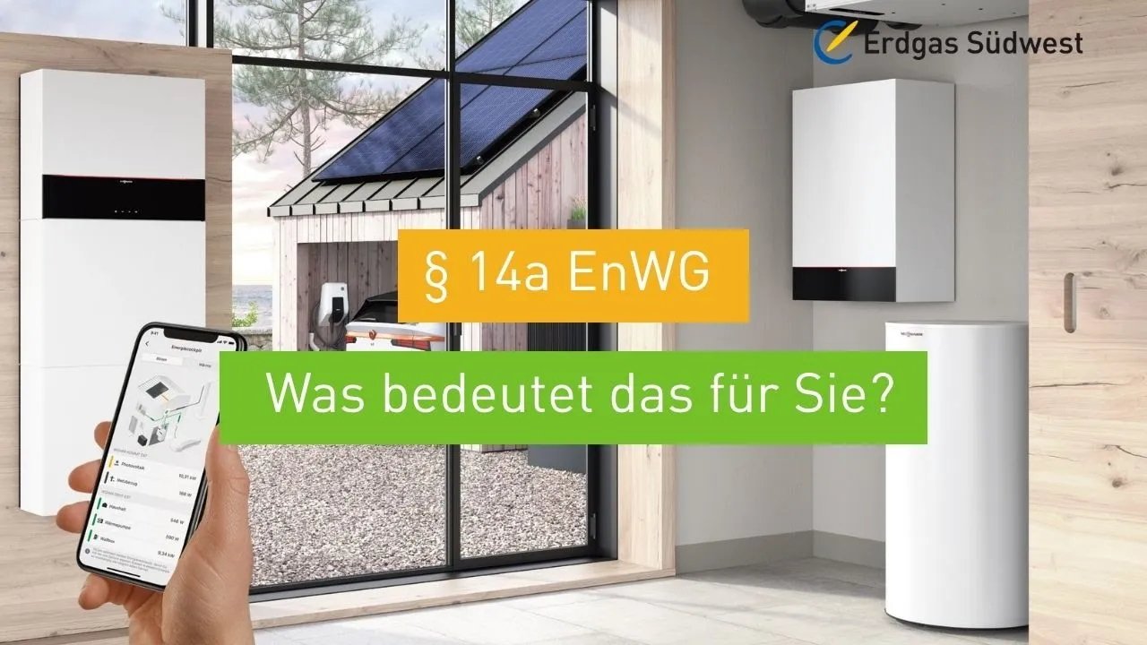 Vorschaubild: Moderne Energietechnik mit Smartphone-App und Hinweis auf § 14a EnWG.