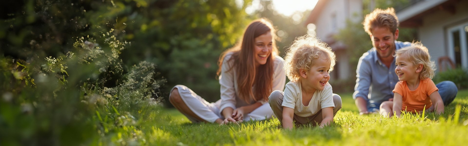 Eine glückliche Familie mit 2 Kindern sitzt auf dem Rasen vor Ihrem Eigenheim.