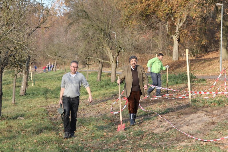 Menschen bei der ProNatur Baumpflanzaktion mit Spaten und Werkzeug