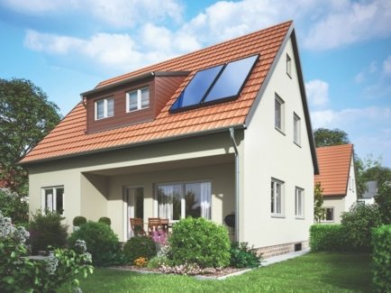 Darstellung der Solaranlage von Viessmann. Zu sehen ist ein Einfamilienhaus mit einer Photovoltaikanlage auf dem Dach.
