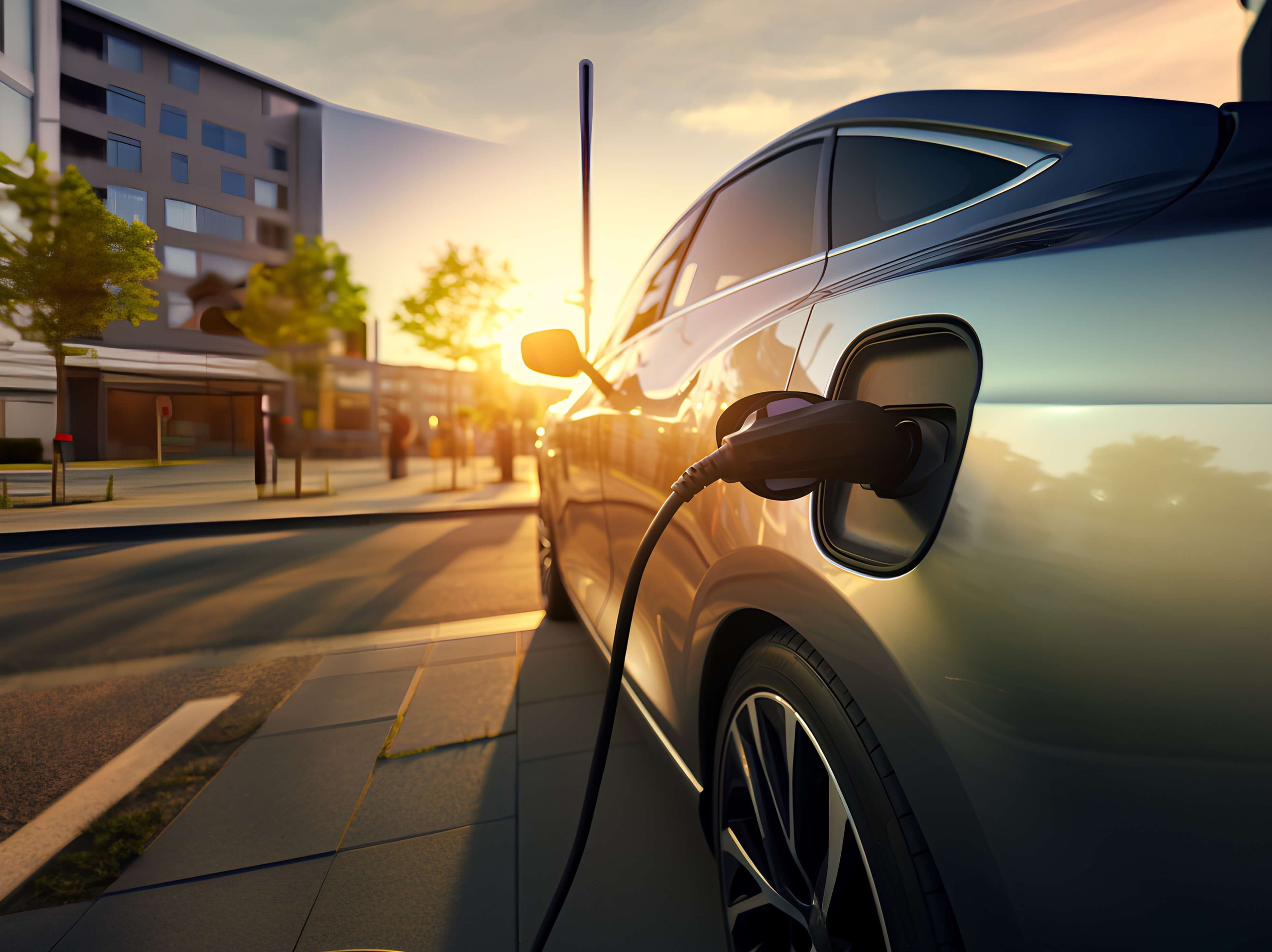 Außenaufnahme eines modernen Elektrofahrzeuges vor einer Firmenzentrale mit Elektro-Ladesäulen im Sonnenuntergang.