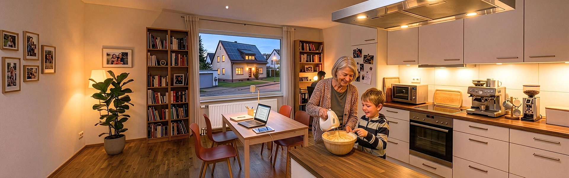 Oma und Kind beim gemeinsamen Backen in einer modernen, gemütlichen Küche.