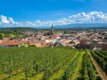 Luftaufnahme einer baden-württembergischen Kommune auf der im Vordergrund Agrarfläche und im Hintergrund der Ortskern mit Kirchturm zu sehen sind.