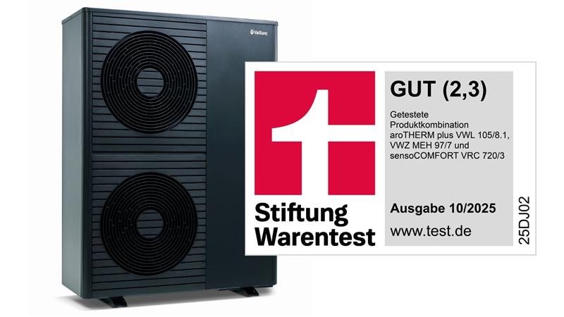 Vaillant Wärmepumpe aroTherm plus mit Stiftung Warentest Siegel und der Note "Gut" (Schulnote: 2,3).