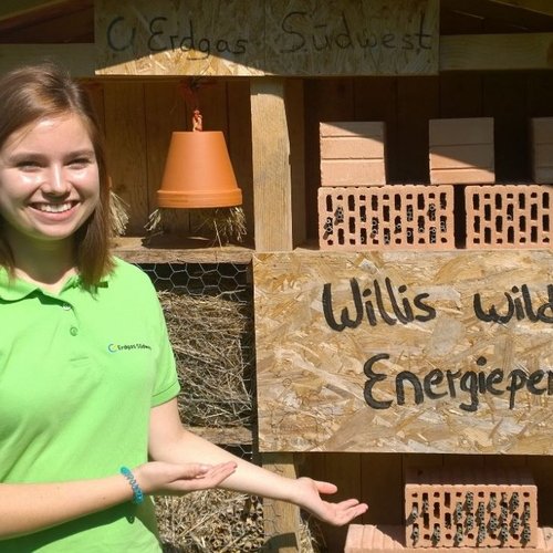 Eine junge Frau, die ihr FÖJ bei der Erdgas Südwest absolvierte, steht vor einem der vielen Wildbienenhotels der Erdgas Südwest. Dieses trägt den Namen "Willis wilde Energiepension"