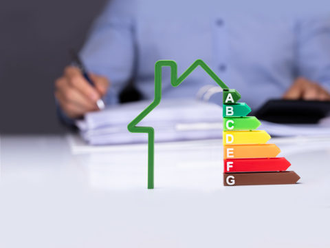 Grafik EWärmeG: Haus mit Energieeffizienzrate für Heizungssanierung