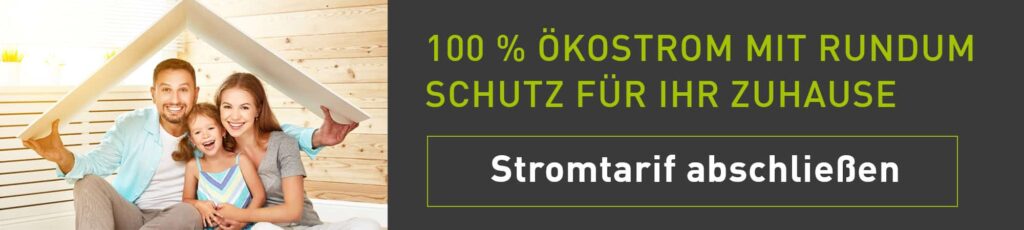 Werbebanner für einen Stromtarif mit 100 % Ökostrom und Rundumschutz für Zuhause