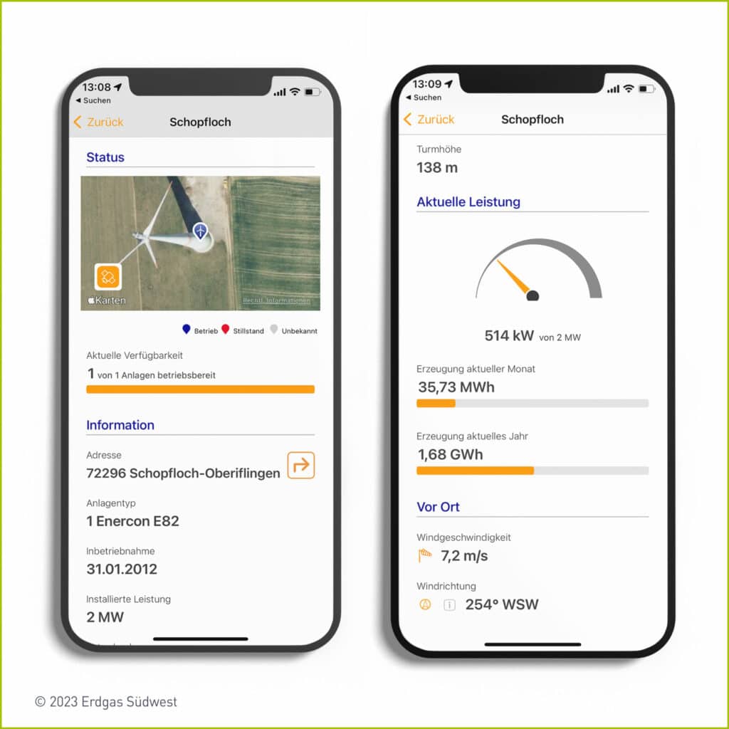 Screenshot der App E-Cockpit der EnBW mit Echtzeitdaten der Windkraftanlage Schopfloch