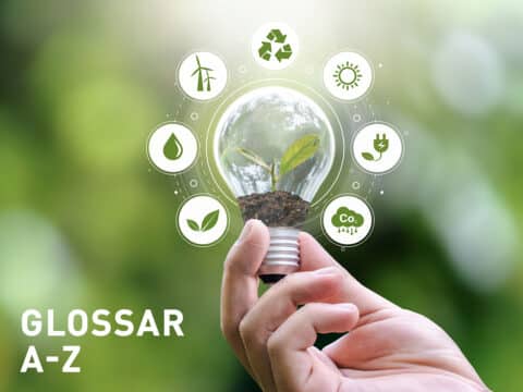 Teaserbild für den Bereich Glossar mit Symbolen zum Thema Grüne Energie