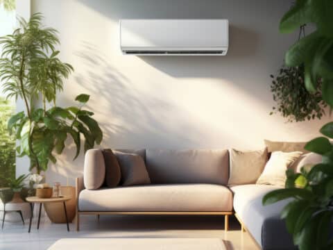 Luft-Luft-Waermepumpe Innengeraet im Wohnraum, an der Wand hängend über einem Sofa
