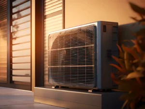 Außeneinheit einer Wärmepumpe auf einer Terrasse