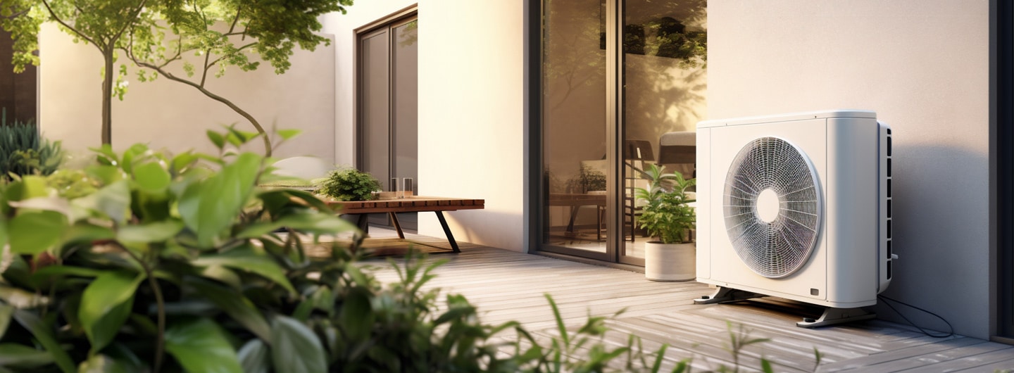 Ein Außengerät einer Wärmepumpe steht auf der Terrasse eines modernen Hauses